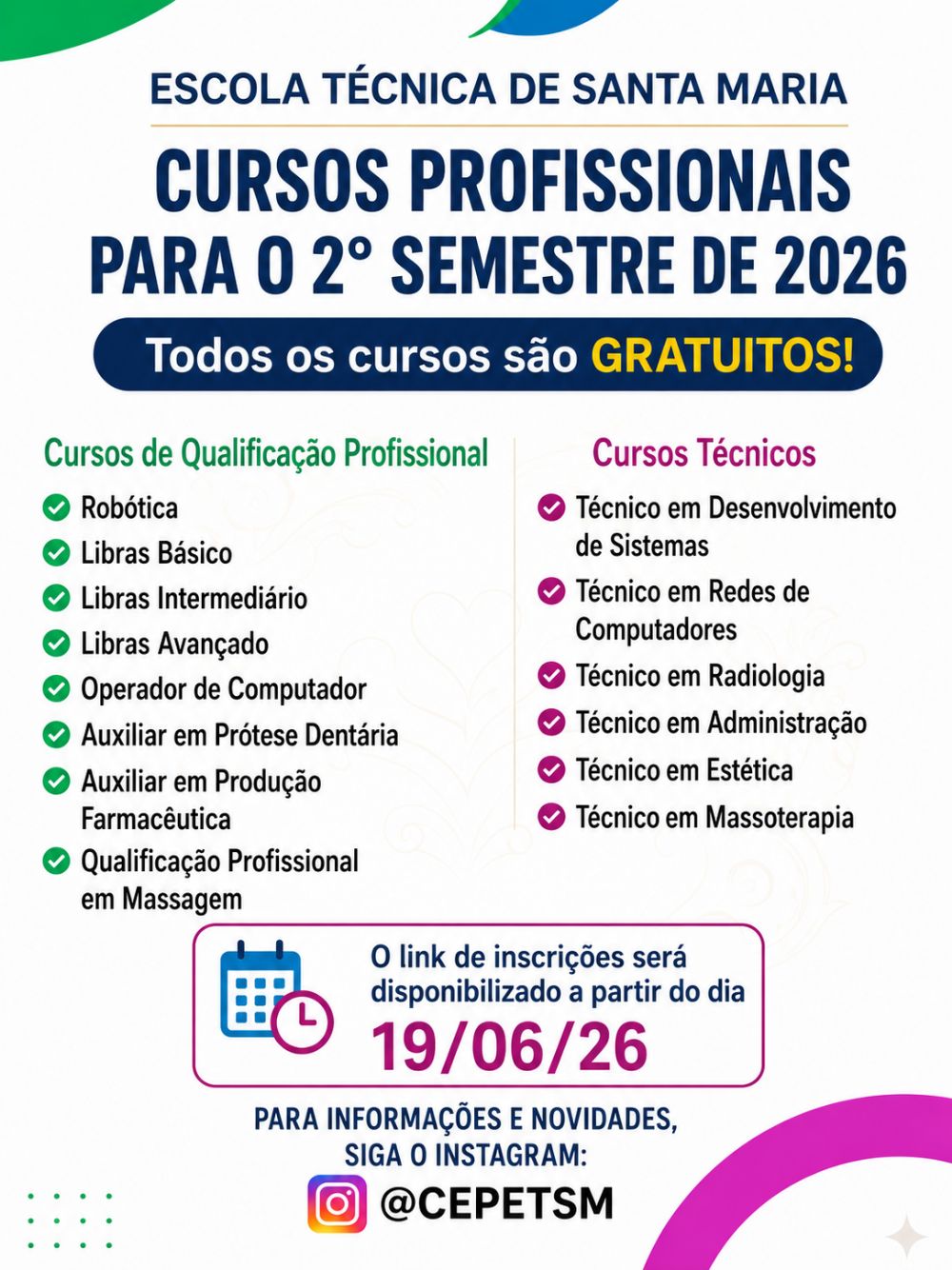 Escola Técnica de Santa Maria abre inscrições para cursos gratuitos do segundo semestre de 2026